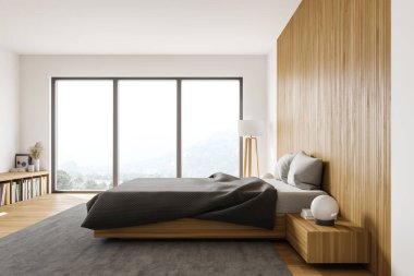 Beyaz ve ahşap duvarları, ahşap zemini, rahat kral yatak ve penceresi olan modern yatak odasının içi. 3d oluşturma