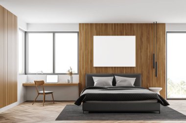 Beyaz ve ahşap duvarları, ahşap zemini, rahat kral yatağı ve ofis köşesi olan modern yatak odasının içi. Posteri düzenle. 3d oluşturma