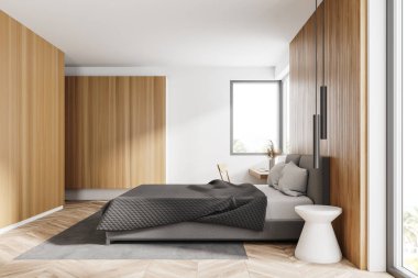 Beyaz ve ahşap duvarlı modern yatak odası manzarası, ahşap zemin, rahat kral yatağı ve beyaz komodinli yatak odası. 3d oluşturma