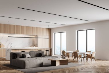 Beyaz ve mermer duvarlı modern mutfağın köşesi, ahşap zemin, tabureli bar, yemek masası ve gri kanepe. 3d oluşturma