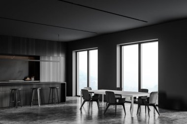 Gri ve mermer duvarlı şık mutfak köşesi, beton zemin tabureli bar ve gri yemek masası. 3d oluşturma