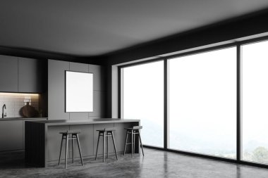 Gri ve tuğladan duvarları, gri dolapları ve tabureli barları olan şık bir mutfağın köşesi. Dikey maket posteri. 3d oluşturma