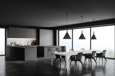 Mutfağın köşesinde gri ve tuğlalı duvarlar, beton zemin, gri dolaplar, bar ve yemek masası. 3d oluşturma