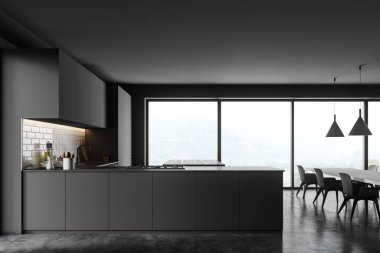 Gri ve tuğladan duvarları, beton zemini, gri dolapları, bar ve yemek masası olan şık bir mutfak. 3d oluşturma