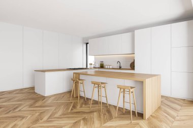 Beyaz ve tuğla duvarlı modern mutfağın köşesi, ahşap zemin, beyaz dolaplar ve ahşap tabureli bar. 3d oluşturma