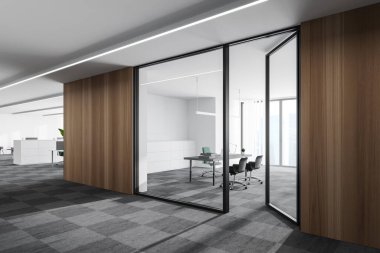 Ahşap duvarları, halı döşemeleri ve sıra sıra bilgisayar masaları olan açık uzay ofisinin köşesi. 3d oluşturma