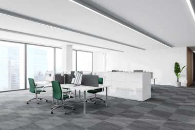 Beyaz duvarlı, halı döşeli ve sırayla yeşil sandalyeli bilgisayar masalarının olduğu açık uzay ofisinin köşesi. 3d oluşturma