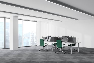 Beyaz duvarları, halı döşemeleri ve yeşil sandalyeleri olan modern açık uzay ofis köşesinde rahat bir iş yeri. 3d oluşturma