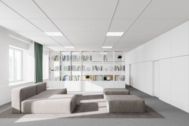 Beyaz duvarlı, halılı, gri kanepeli ve kitaplıklı şık ofis bekleme odasının içinde. 3d oluşturma