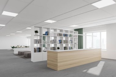 Beyaz duvarlı, halı döşeli, uzun ahşap resepsiyon masası ve beyaz kitaplığı olan modern ofisin köşesi. 3d oluşturma