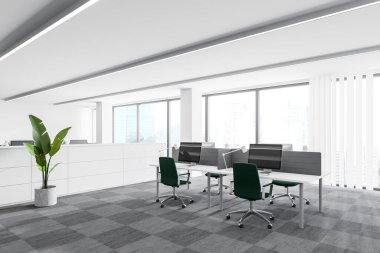 Modern ofis köşesinde beyaz duvarları ve halı döşeli rahat bir bilgisayar masası var. 3d oluşturma