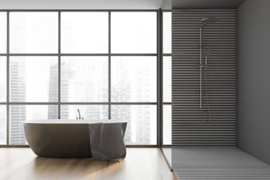 Gri ve koyu ahşap duvarları ve beton zemini olan modern panoramik banyoda rahat bir duş kabini var. Sıcak bir küvet. 3d oluşturma