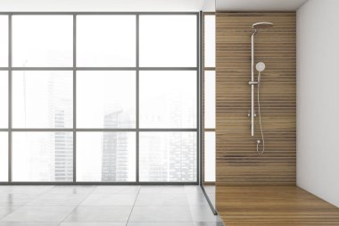 Panoramik banyoda, beyaz, ahşap duvarları ve ahşap zemini olan rahat bir duş kabini. 3d oluşturma