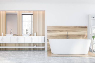 Ahşap ve beyaz duvarları, çift lavabosu ve rahat küveti olan şık bir banyo. 3d oluşturma