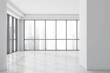 Beyaz duvarları, beton zemini ve panoramik penceresi olan boş ofis manzarası. Bulanık şehir manzarası. 3d oluşturma