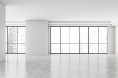 Beyaz duvarları, beton zemini ve bulanık şehir manzaralı panoramik pencereleri olan boş bir daire. 3d oluşturma
