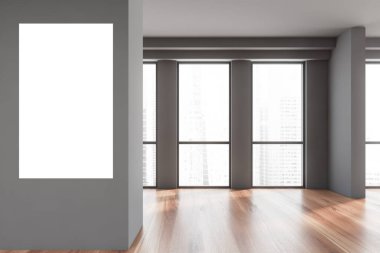Gri duvarları, ahşap zemini ve panoramik penceresi olan boş bir ofis. Bulanık şehir manzarası ve sahte poster. 3d oluşturma