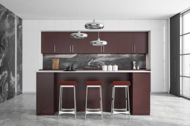 Beyaz ve mermer duvarları, kahverengi dolapları, tezgahları ve tabureli barları olan modern mutfağın ön manzarası. 3d oluşturma