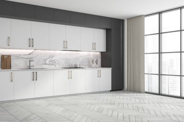 Gri ve mermer duvarları, döşemeleri, beyaz dolapları ve tezgahları olan şık bir mutfağın köşesi. 3d oluşturma