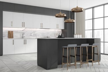 Gri ve mermer duvarları, beyaz dolapları, tezgahları ve tabureli barları olan şık bir mutfağın köşesi. 3d oluşturma