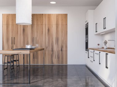 Beyaz duvarları, döşemeleri, beyaz dolapları ve tabureli barları olan şık bir mutfağın yan görüntüsü. 3d oluşturma