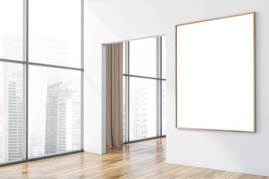 Beyaz duvarları, ahşap zemini ve panoramik penceresi olan modern bir dairede asılı posterler. 3d oluşturma