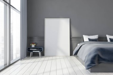 Gri duvarları olan şık bir yatak odası, ahşap zemin, gri kapaklı ve dikey maket posterli kral yatağı. 3d oluşturma