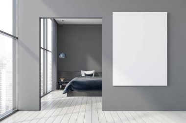 Gri duvarları, ahşap zemini ve arka planında kral yatağı olan yatak odası olan modern dairede asılı posterler. 3d oluşturma