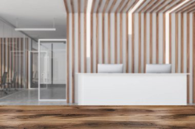 Ürününüz için ahşap masa bulanık ofis bekleme odasında ahşap duvarlar ve beyaz resepsiyon masası var. 3D oluşturma maketi