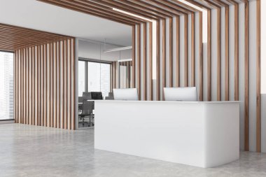 Modern ofis bekleme odasının köşesinde ahşap duvarlar, beton zemin ve beyaz resepsiyon masası. Arka planda açık uzay ofisi. 3d oluşturma