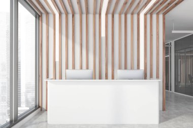 Ahşap duvarları, beton zemini ve beyaz kabul masası olan modern ofis bekleme odasının ön manzarası. Arka planda açık uzay ofisi. 3d oluşturma