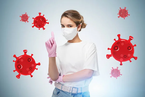Young Woman Protective Mask Gloves Standing Gray Background Covid Her — Stock Photo, Image
