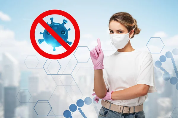 Young Woman Protective Mask Gloves Standing Blurry City Background Stop — Stock Photo, Image