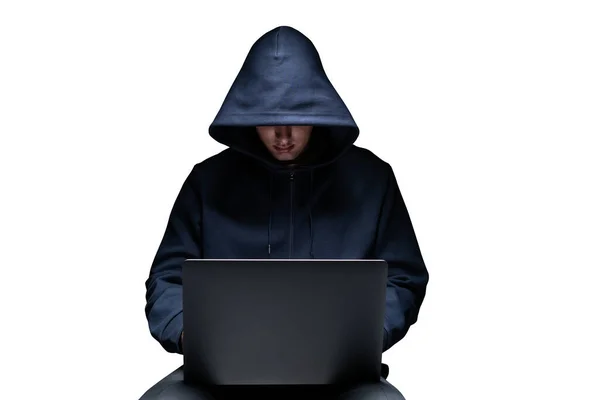 Isolated Portrait Unrecognizable Young Hacker Black Hoodie Using Laptop Concept — Stock Photo, Image