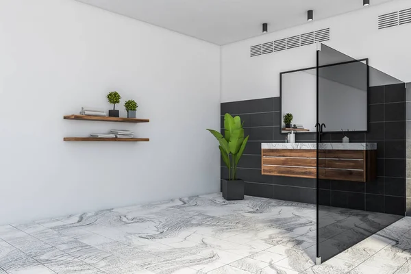 白と黒の壁 大理石の床 快適なバスタブと木製のカウンターに鏡付きのダブルシンク付きの高級バスルームのコーナー 3Dレンダリング — ストック写真