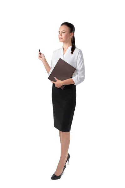 Isolated Full Length Portrait Serious Young European Businesswoman Folder Pen — Stock Photo, Image