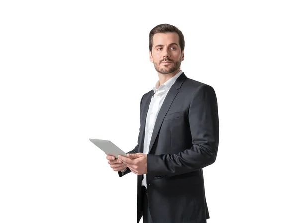 Isolated Portrait Young European Businessman Tablet Computer Concept Internet Surfing — Stock Photo, Image