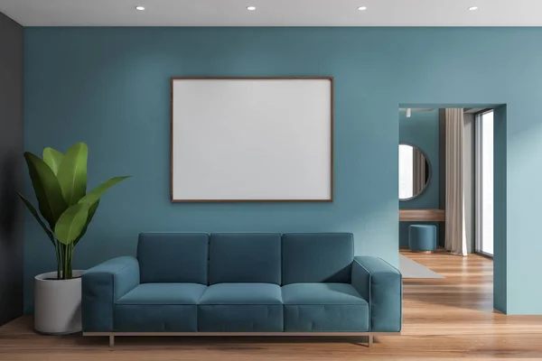 Interior Elegante Sala Estar Con Paredes Azules Suelo Madera Cómodo — Foto de Stock