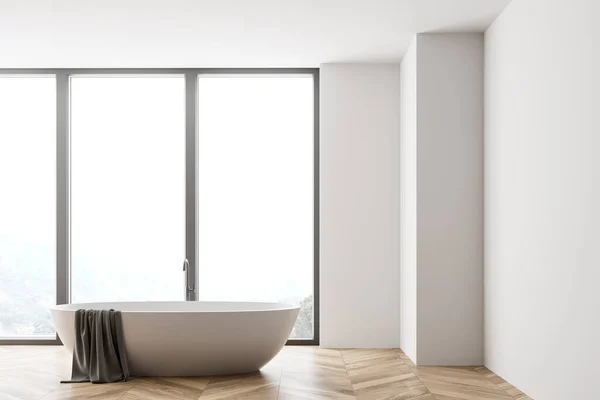 Interior Baño Minimalista Con Paredes Blancas Suelo Madera Cómoda Bañera — Foto de Stock