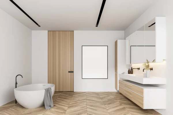 Interior Banheiro Moderno Com Paredes Brancas Piso Madeira Pia Dupla — Fotografia de Stock