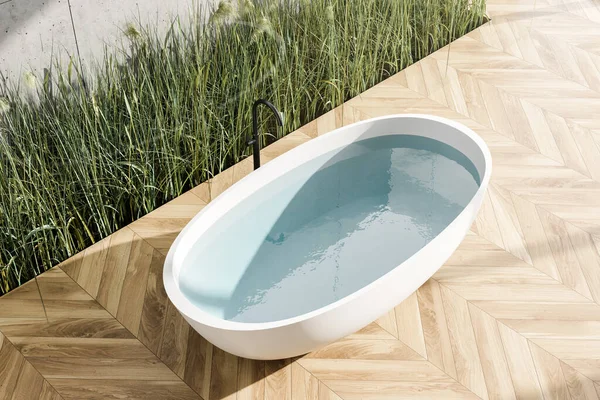 Top View Panoramic Bathroom Wooden Floor Comfortable Bathtub Water Rendering — Stock Photo, Image