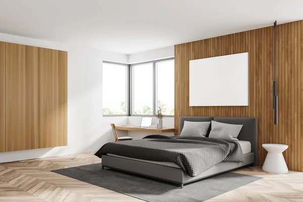 Ecke Des Modernen Schlafzimmers Mit Weißen Und Hölzernen Wänden Holzboden — Stockfoto