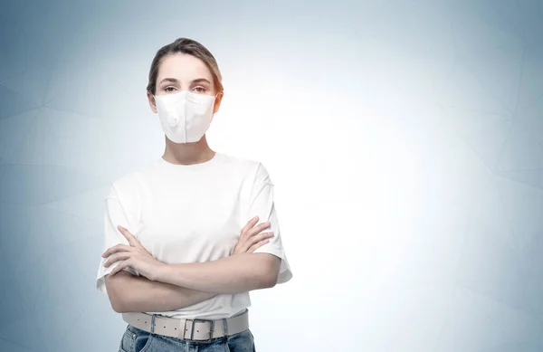 Portrait Young European Businesswoman Casual Clothes Protective Mask Standing Gray — Stock Photo, Image
