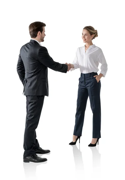 Isolated Portrait Businessman Businesswoman Shaking Hands Concept Partnership Management — Stock Photo, Image