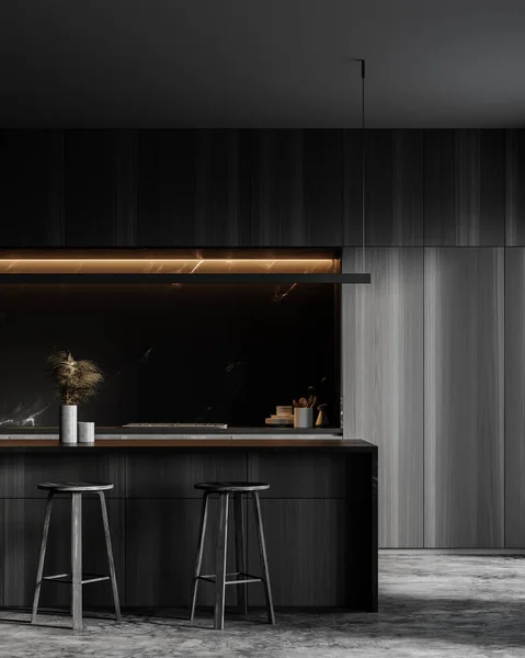 Interieur Der Modernen Küche Mit Wänden Aus Dunklem Holz Und — Stockfoto