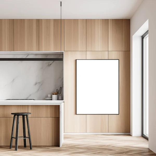 Interieur Der Stilvollen Küche Mit Hölzernen Und Weißen Marmorwänden Holzboden — Stockfoto