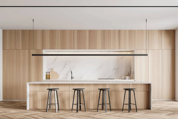 现代厨房的内部有白色大理石墙 木制地板和有凳子的酒吧 3D渲染 — 图库照片