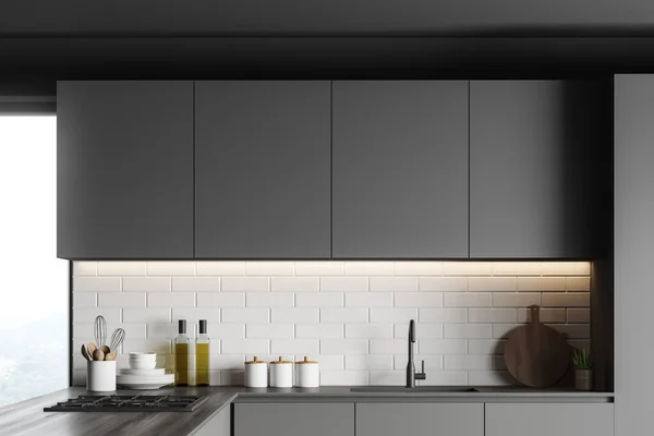 Interieur Van Moderne Keuken Met Grijze Bakstenen Muren Grijze Aanrechtbladen — Stockfoto
