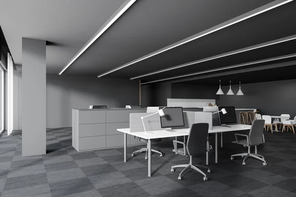 Rows Computer Tables Standing Modern Open Space Office Corner Gray — Stock Photo, Image