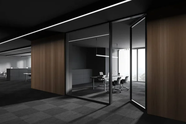 Corner of modern office hall with gray and wooden walls, carpeted floor and open space offices. 3d rendering